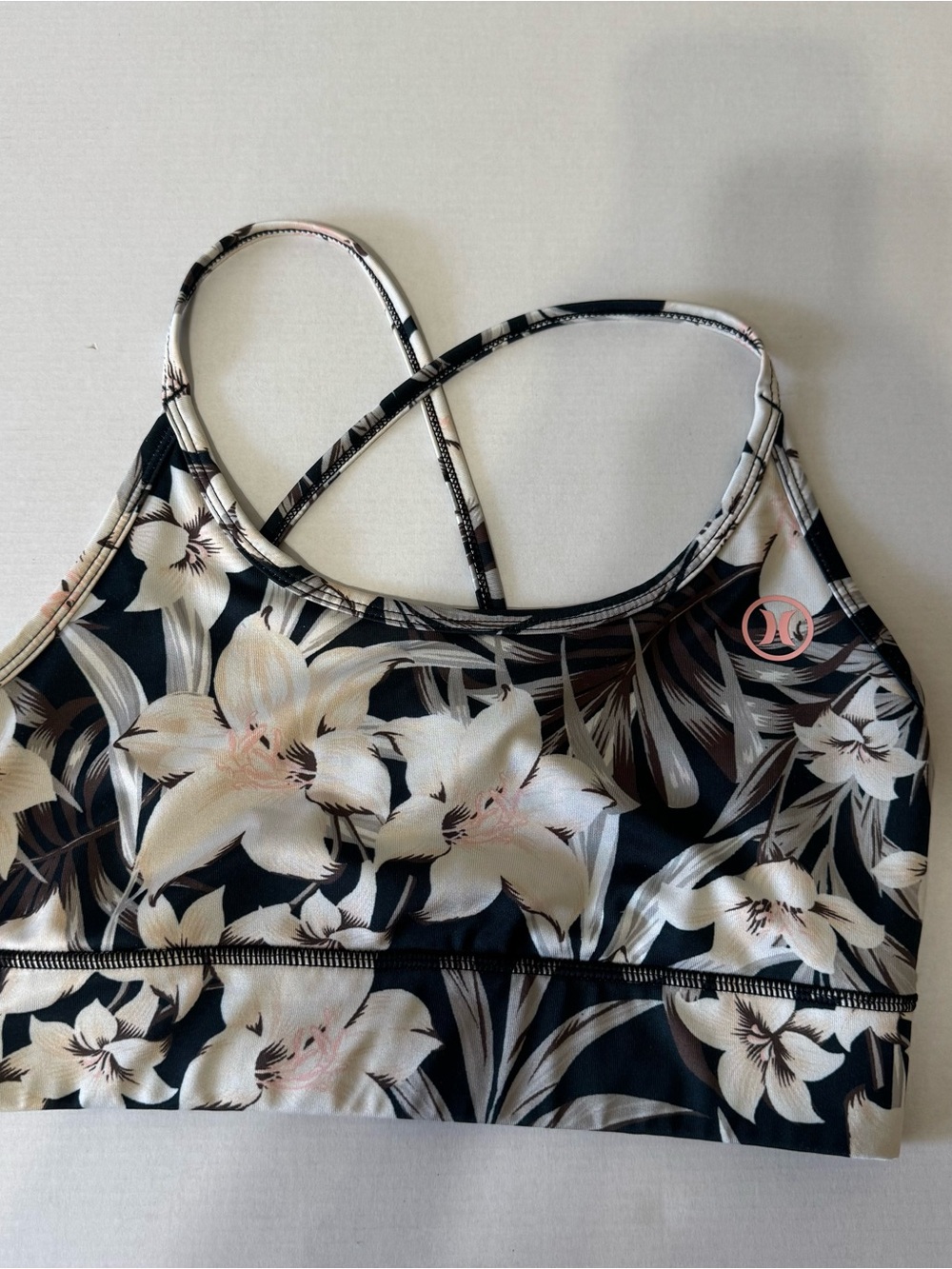 Hurley Floral Sports Bra - Black, Cream & Brown